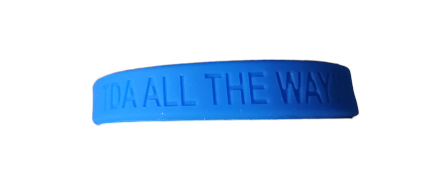 White, Black, Red, Blue 4 pack 1/2 inch Debossed Top Dad's Association Silicone Wristband with "TDA" Logo "TDA ALL THE WAY" Phrase on the Back